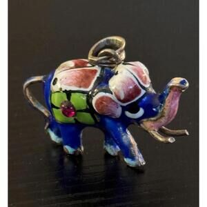Vintage Sterling Silver Enamel Elephant Pendant from India
